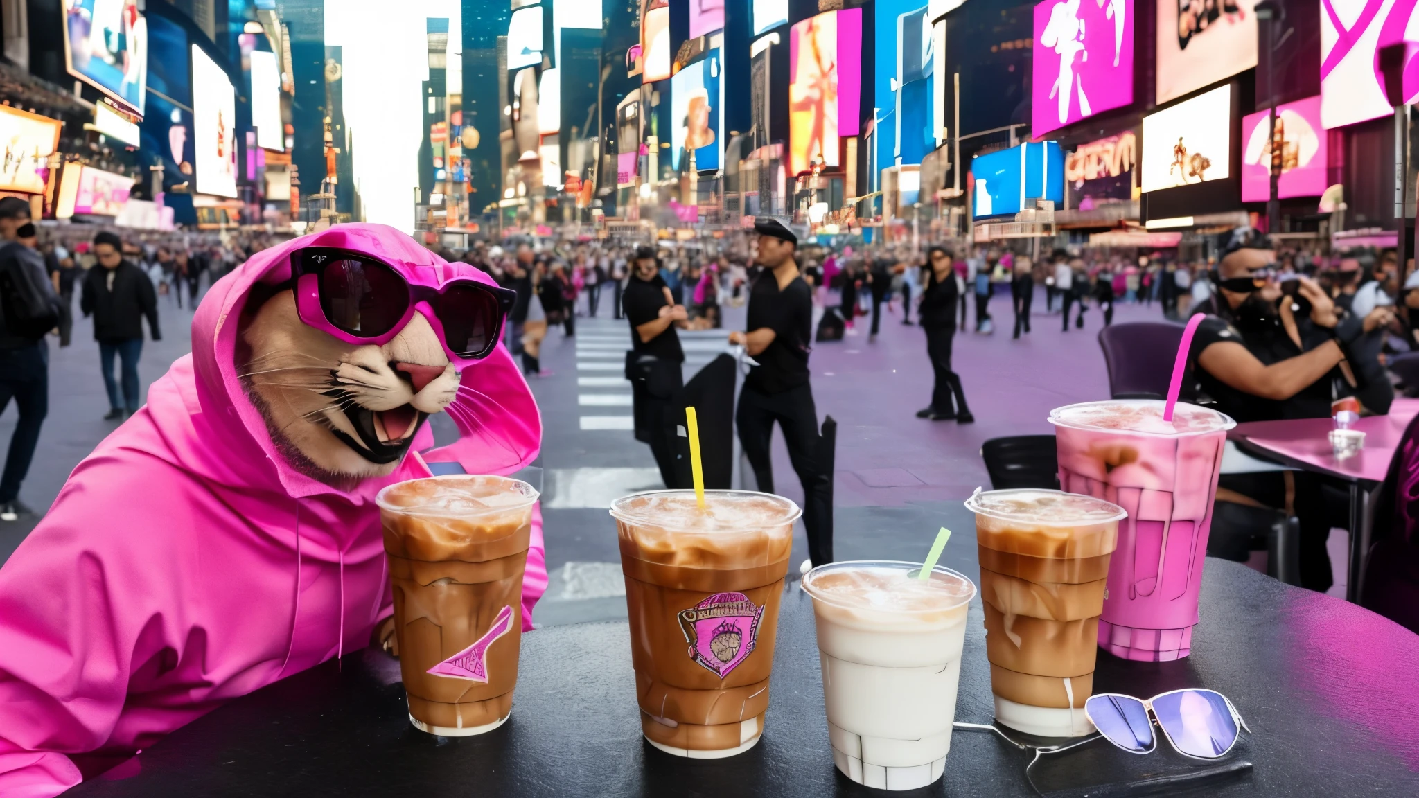 gerarImagem "Pink Panther in a black hoodie and sunglasses in Times Square drinking an iced coffee" --personagem "Pantera Cor-de-Rosa" --vestimenta "Black hoodie and sunglasses" --objeto "iced coffee" --scenario "Times Square, Nova York, EUA" --action "The Pink Panther enjoys the hustle and bustle of Times Square while enjoying an iced coffee in peace."