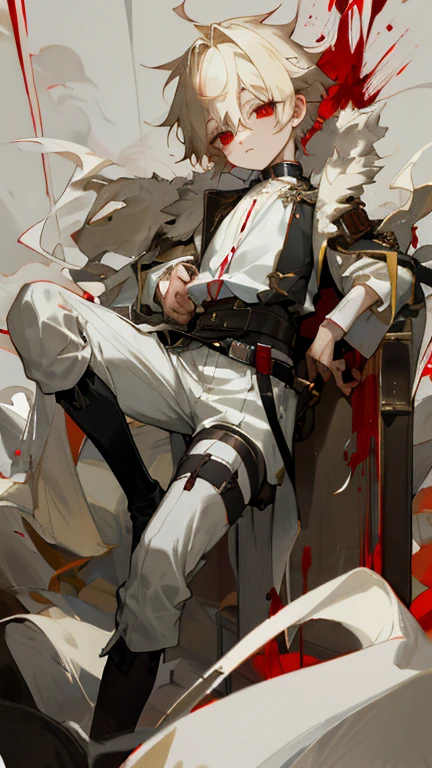 boy shota white shirt garter belt white shorts brightly pigmented hair blonde red eyes high quality high resolution dark lazy and lethargic boy toddler smoking smoke aristocratic anime illustration shota fur on shoulders garter belt on thighs Blood Blood flow military uniform collar sword on waist Young face, Dark circles under the eyes, Blood, whole body, Character Design, Portraiture