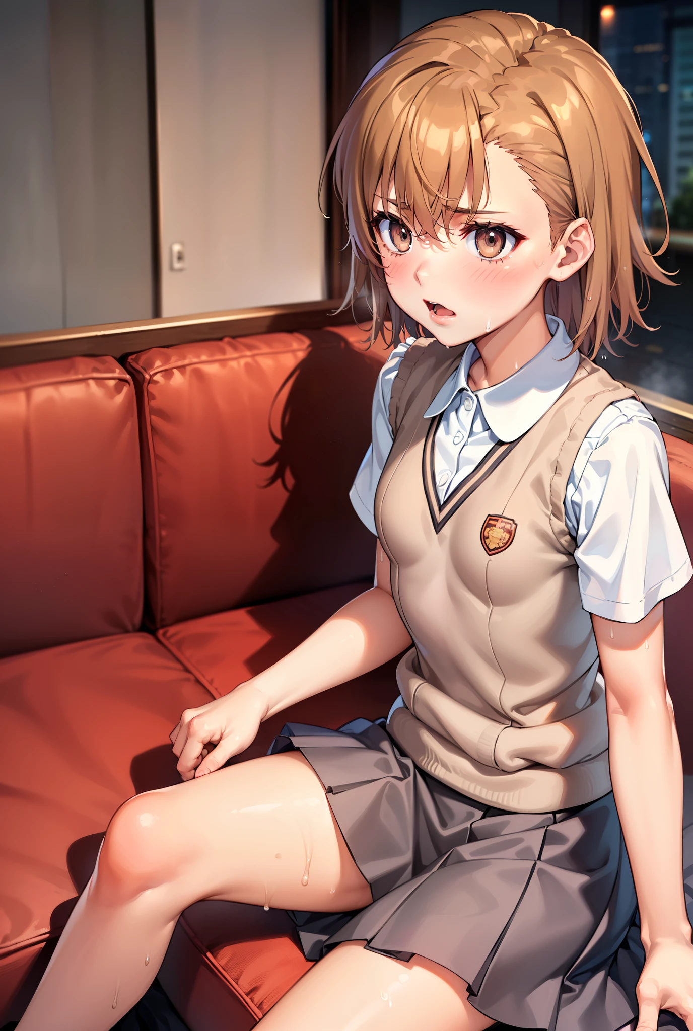 Smooth anime CG art、Focus Only、1 girl、Front view、Upper Body、(((Grey Skirt)))、Sweater vest、Short sleeve、(((Small breasts)))、(((sweat)))、Semi-short hair、(((Sweaty)))、Watery eye、blush、(((Embarrassed look)))、((Open your mouth))、(((Sitting)))、((indoor))、((sofa))