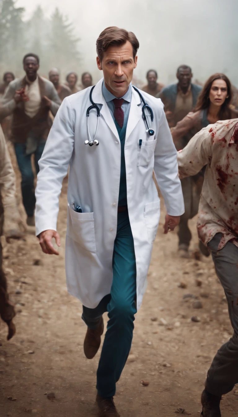 Realistic image of a doctor fleeing from a horde of zombies that are chasing him