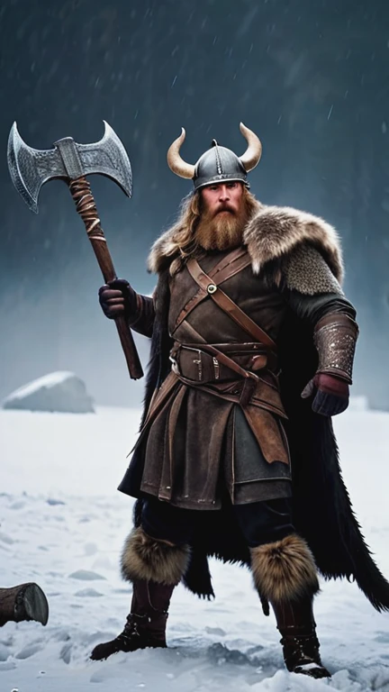 foto crua, um velho viking, partindo para o ataque, corrente, in rusty armor holding a two-handed ax pointing upwards with both hands, em uma montanha com neve, peles de animais, a noite, longos cabelos prateados, arte conceitual, aesthetics, profundidade de campo, Preto Escuro, alto contraste, cartaz de fotografia, hiper detalhado, cinematic lighting, sombras suaves, sharp focus, melhor qualidade, arte de Antinoice, ISO 100, 16k resolution.
