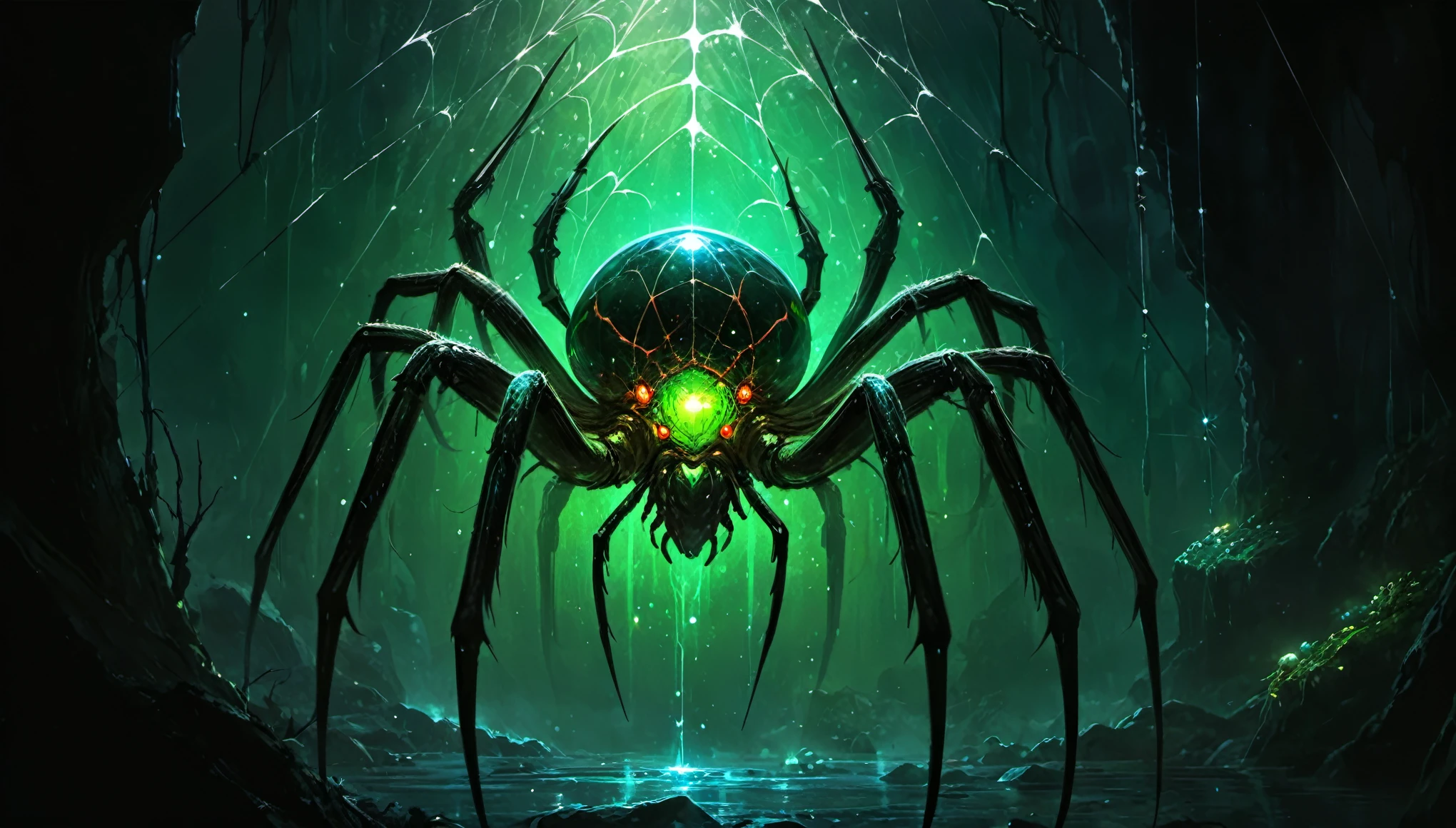 (glass spider), big round abdomen, dripping poison, dark cave, bioluminescent web, cobweb, green blood,