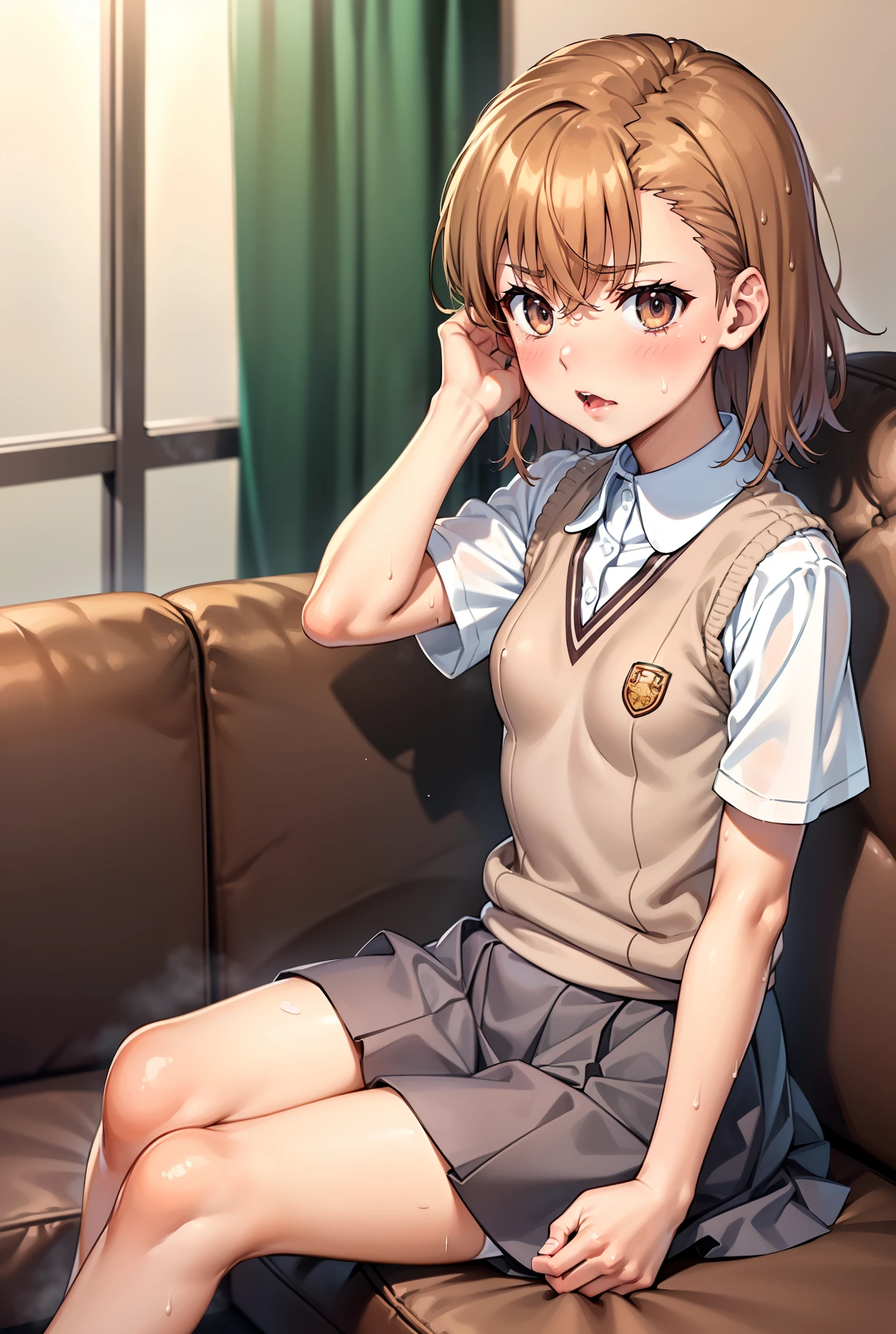 Smooth anime CG art、Focus Only、1 girl、Front view、Upper Body、(((Grey Skirt)))、Sweater vest、Short sleeve、(((Small breasts)))、(((sweat)))、Semi-short hair、(((Sweaty)))、Watery eye、blush、(((Embarrassed look)))、((Open your mouth))、(((Sitting)))、((indoor))、((sofa))