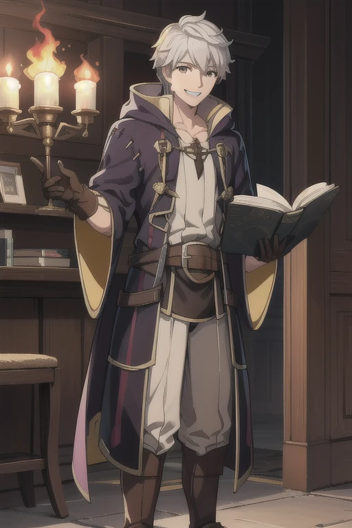 Marelolobin, 1boy,Fire Emblem Awakening,Food, Brown eyes,beautiful detailed eyes,Wizard, Robe, pants, gloves, 1 book, whole body, Are standing, View your viewers, noon,royal palace,Handsome,smile