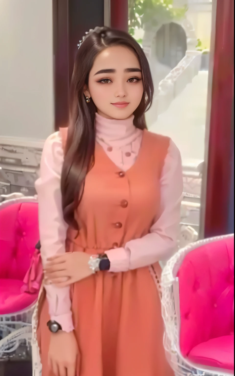 a close up of a woman in a dress standing in front of a chair, kyza saleem, profile pic, she is about 1 6 years old, profile photo, dilraba dilmurat, 🤬 🤮 💕 🎀, 19-year-old girl, very very low quality picture, profile image, very very low quality, cindy avelino