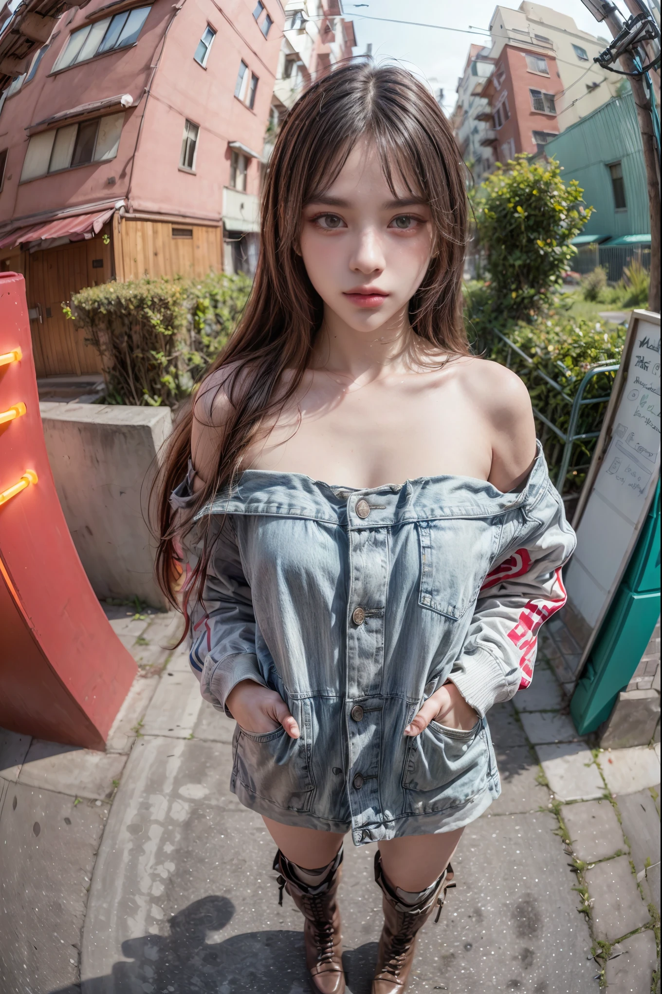 (((8k wallpaper of extremely detailed CG unit:1.2, ​masterpiece, hight resolution:1.2, top-quality:1.2, masutepiece))), ((a very beautiful woman, Hands in pockets:1.8, Street fashion:1.2, wearing a colorful jacket:1.2, denim, Wearing boots)), ((extra detailed face, Highly detailed black eyes, extra detailed body, Top quality real texture skins)), (Red Straight Hair:1.2, de pele branca, exposed shoulder), ((Empty alley, Mileland. natta, Neon Street)), (high-angle, a closeup, Fisheye:1.3), hyper realisitic, digitial painting,
