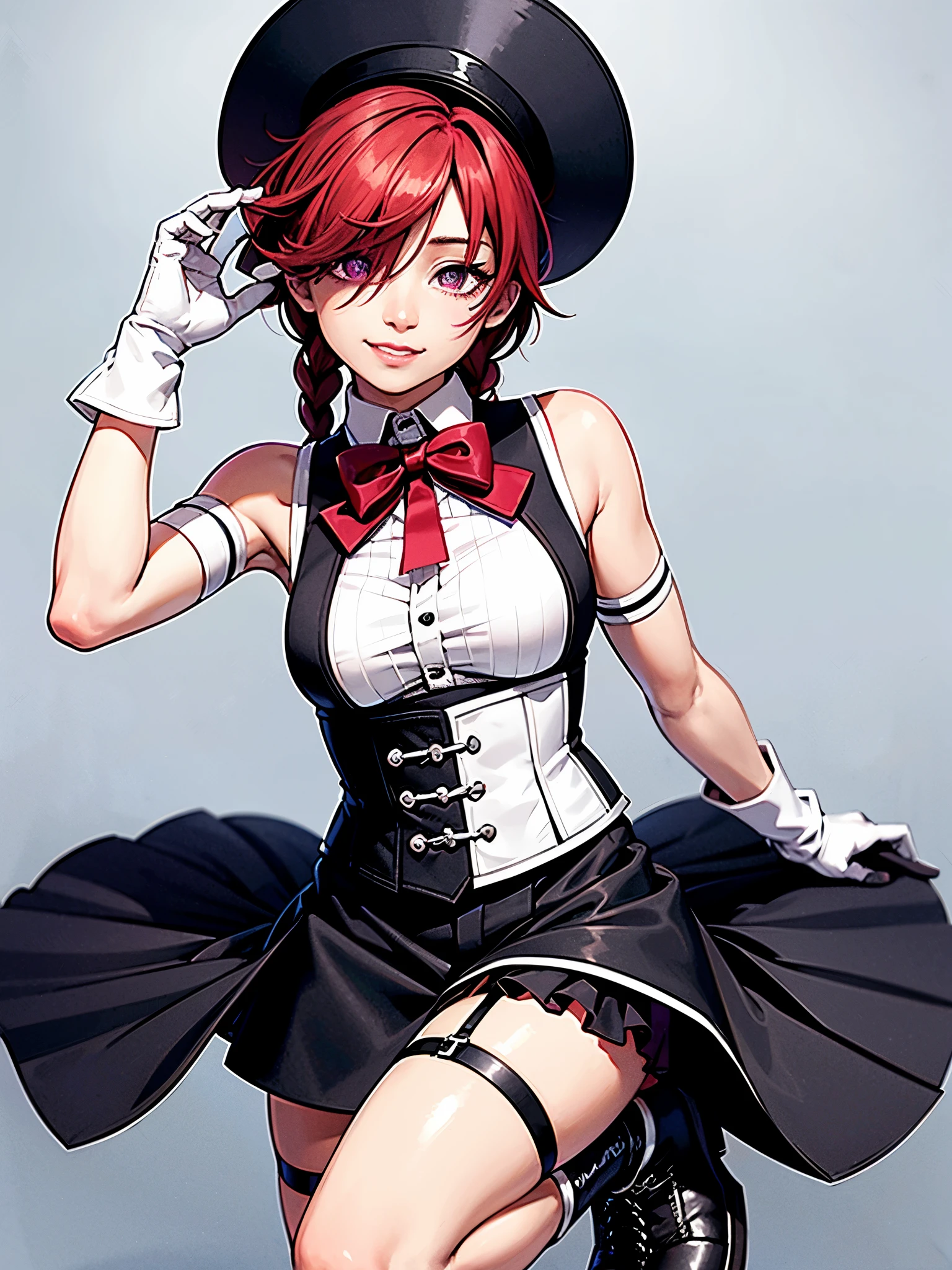 1boy,arm up,black corset,black footwear,black gloves,black hat,black shorts,blonde hair,boots,bow,bowtie,braid,buttons,center frills,chinese text,corset,cross-laced footwear,detached sleeves,facial mark,frills,garter straps,gloves,grey background,grey thighhighs,grin,hair over one eye,hand up,hat,holding,holding clothes,holding hat,hace-up boots,long sleeves,looking at viewer,male focus,multicolored hair,o-ring,o-ring thigh strap,one eye covered,parted bangs,purple eyes,red background,red bow,red bowtie,red hair,sharp teeth,shirt,short hair,short shorts,shorts,simple background,single braid,sleeveless,sleeveless shirt,smile,solo,sparkle,standing,streaked hair,swept bangs,teardrop facial mark,teeth,thigh strap,thighhighs,top hat,two-tone gloves,unworn hat,unworn headwear,white gloves,white shirt,white sleeves,zoom layer