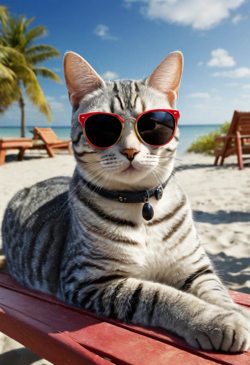 High resolution, masterpiece, 16k, CG, American Shorthair, Cat wearing sunglasses Relaxing on a beach bench