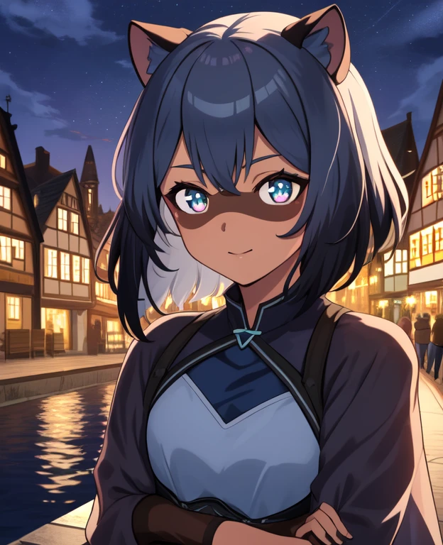 1 girl, Raccoon girl, Allein, pelzig,pelzig female, michiru_kagemori, Blaue Haare,kurzes Haar, mehrfarbige Augen, tierische Nase,dreieckige Nase, Tierohren, (Schwanz), (bushy Schwanz:0.7), zweifarbige Haut, brown colored hands, Meisterwerk, best quality, Happy, Betrachter betrachten, Stadt, regnet, Neonlichter, Wolken, Nacht, deSchwanzed eyes