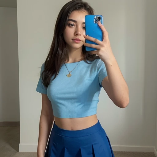 Selfie of girl standing, snapchat, snap, ((selfie)),blue , skirt, pose, (plain background)