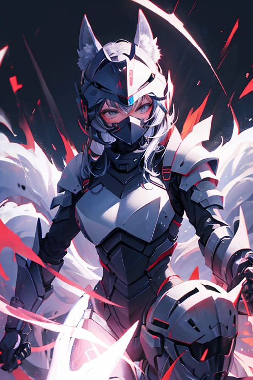Fox woman in armor and helmet with technological black full face smooth mask with an energy katana, pelo morado