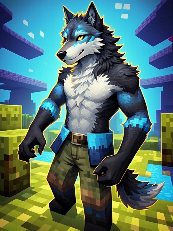 Minecraft-Stil, minecraft, anthro, Allein, Masculine, wolf, blockig, verpixelt, Leuchtende Farben, erkennbare Charaktere und Objekte, Spielressourcen