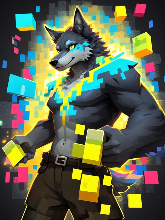 Minecraft-Stil, minecraft, anthro, Allein, Masculine, wolf, blockig, verpixelt, Leuchtende Farben, erkennbare Charaktere und Objekte, Spielressourcen