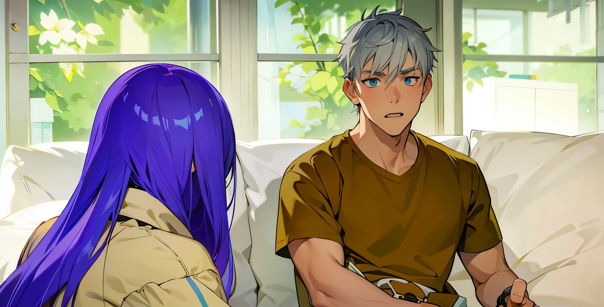 estilo anime 2d, There is a woman with gray hair, her back is turned, and a 16-year-old boy with gray hair, blue eyes, is talking, he is sad.