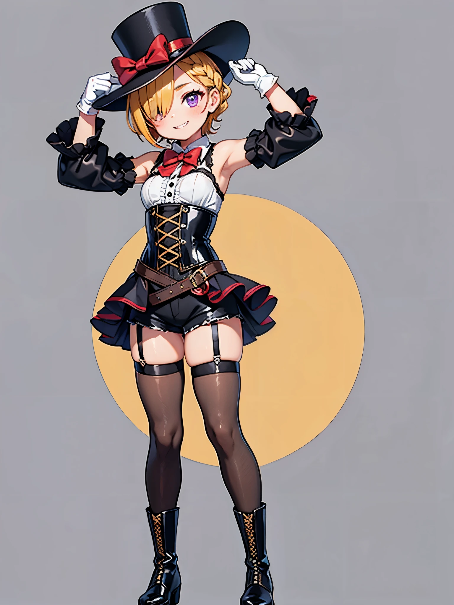 1boy,arm up,black corset,black footwear,black gloves,black hat,black shorts,blonde hair,boots,bow,bowtie,braid,buttons,center frills,chinese text,corset,cross-laced footwear,detached sleeves,facial mark,frills,garter straps,gloves,grey background,grey thighhighs,grin,hair over one eye,hand up,hat,holding,holding clothes,holding hat,hace-up boots,long sleeves,looking at viewer,male focus,multicolored hair,o-ring,o-ring thigh strap,one eye covered,parted bangs,purple eyes,red background,red bow,red bowtie,red hair,sharp teeth,shirt,short hair,short shorts,shorts,simple background,single braid,sleeveless,sleeveless shirt,smile,solo,sparkle,standing,streaked hair,swept bangs,teardrop facial mark,teeth,thigh strap,thighhighs,top hat,two-tone gloves,unworn hat,unworn headwear,white gloves,white shirt,white sleeves,zoom layer