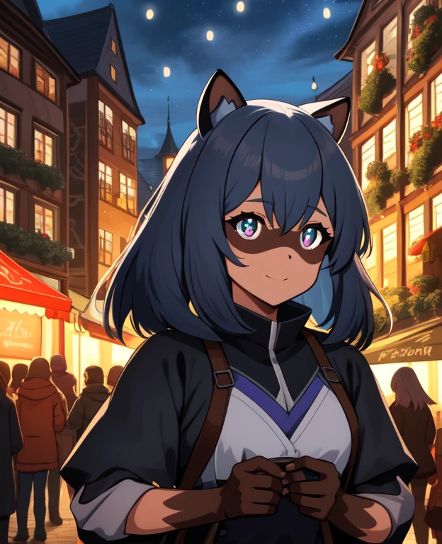 1 girl, Raccoon girl, Allein, pelzig,pelzig female, michiru_kagemori, Blaue Haare,kurzes Haar, mehrfarbige Augen, tierische Nase,dreieckige Nase, Tierohren, (Schwanz), (bushy Schwanz:0.7), zweifarbige Haut, brown colored hands, Meisterwerk, best quality, Happy, Betrachter betrachten, Stadt, regnet, Neonlichter, Wolken, Nacht, deSchwanzed eyes