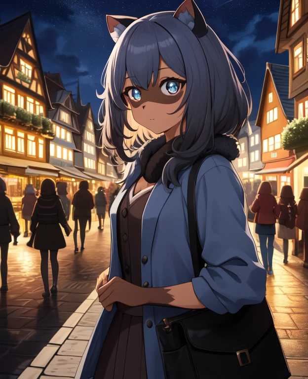 1 girl, Raccoon girl, Allein, pelzig,pelzig female, michiru_kagemori, Blaue Haare,kurzes Haar, mehrfarbige Augen, tierische Nase,dreieckige Nase, Tierohren, (Schwanz), (bushy Schwanz:0.7), zweifarbige Haut, brown colored hands, Meisterwerk, best quality, Happy, Betrachter betrachten, Stadt, regnet, Neonlichter, Wolken, Nacht, deSchwanzed eyes