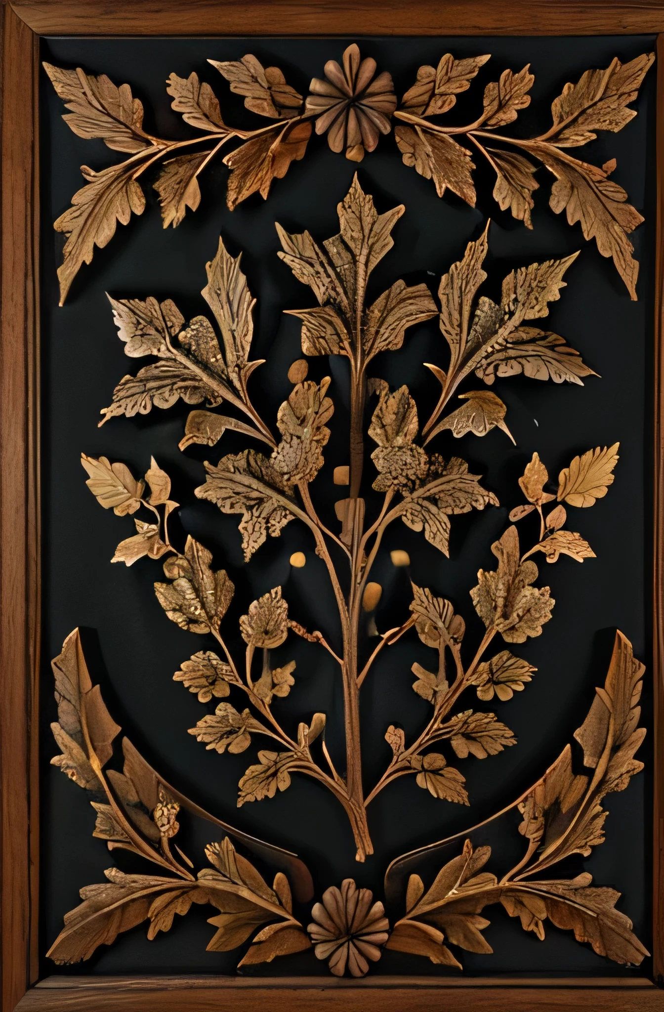 decorative, bas relief black oak leaves berries an thistles with 2 birds , high detail, renaissance, floral, composition , many leaves close together one branch, oversized leaves with small bird hidden in the leaves, center composition bigger leaves, small birds added