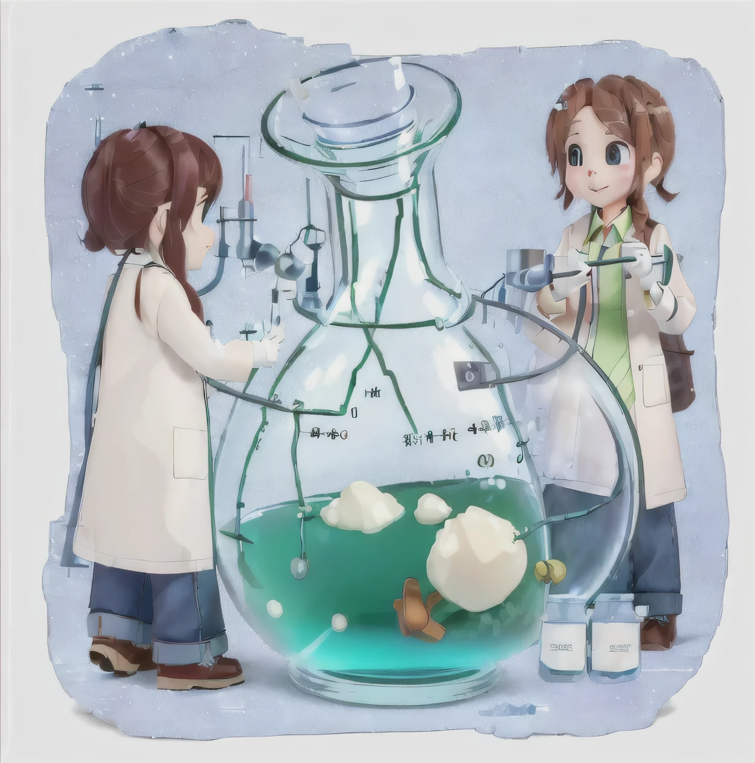 A cartoon illustration of two people in experimental clothing looking at a flask, experiment in laboratory, Scientists, 在laboratory里, in laboratory, experiment, Scientist is a duck, science, 在laboratory里oratory, science lab, laboratory, chemisty, Biological Chemical Illustration, mysterious laboratory, cthylla's laboratory!, Scientist, Research, Chemical, Wearing a white coat, 魔法laboratory背景