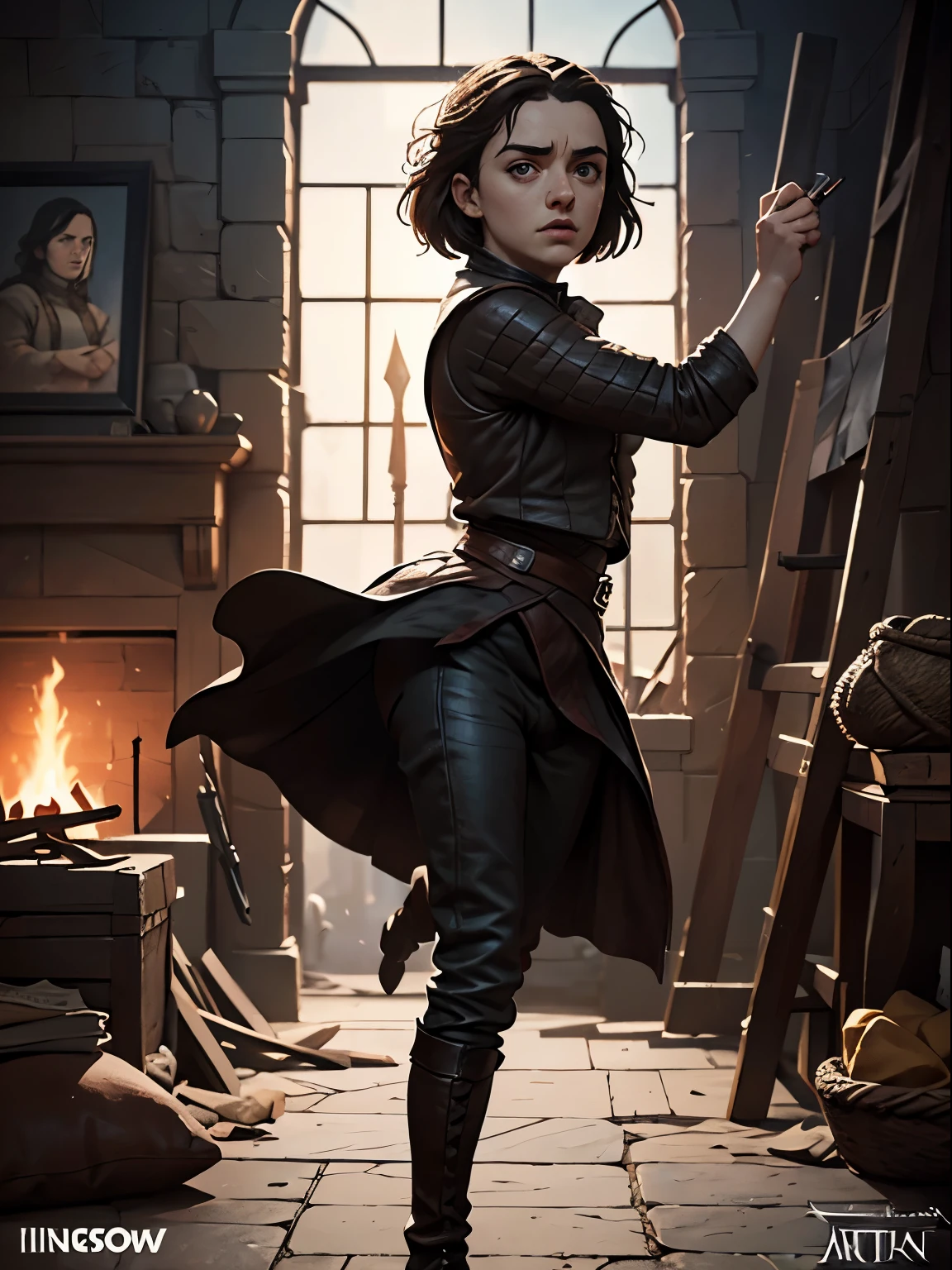 cinematic poster, Arte centrada, arte porno, 1 chica, solo, ((solo)), (((solo un personaje))),  Arya Stark in dynamic pose, A Guerra dos Tronos, Game of Thrones, Adobe Illustration, tendencia en artstation, 8k, hdr , parte maestra, hermoso arte, detalles intrincados.