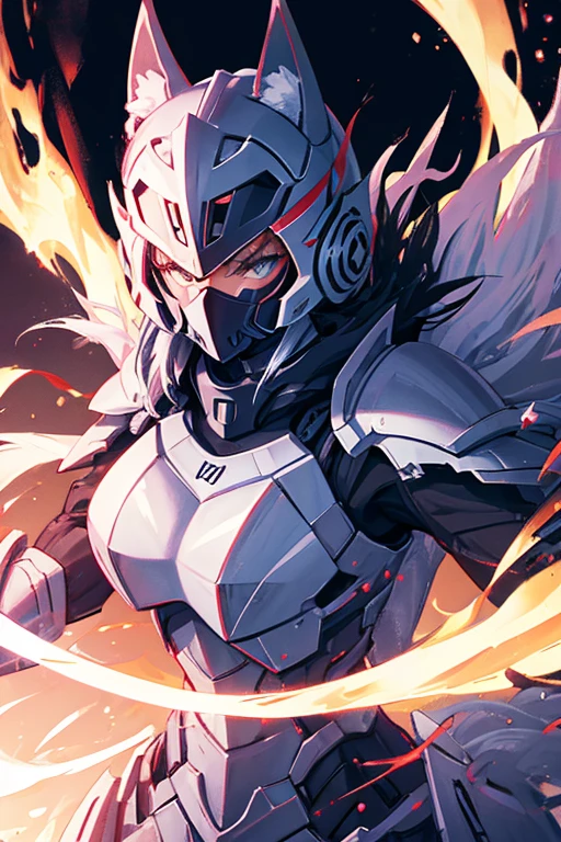 Fox woman in armor and helmet with technological black full face smooth mask with an energy katana, pelo morado