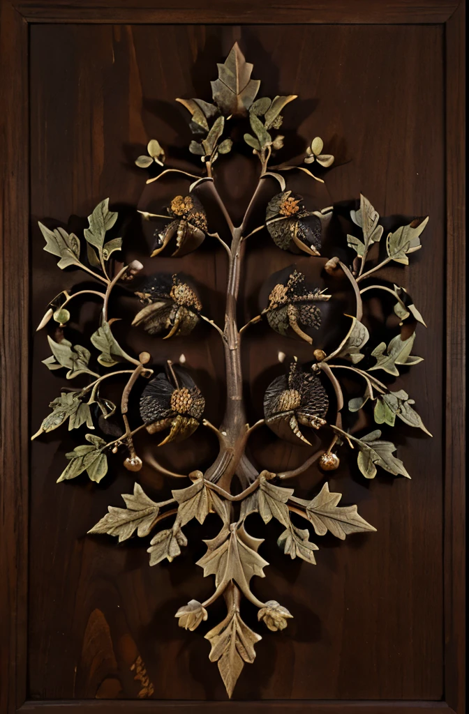 decorative, bas relief black oak leaves berries an thistles with 2 birds , high detail, renaissance, floral, composition , many leaves close together one branch, oversized leaves with small bird hidden in the leaves, center composition bigger leaves, small birds added