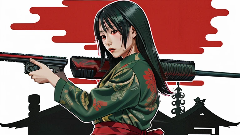 Japanese style illustration,night,Armed with a shotgun,red,Dark Green