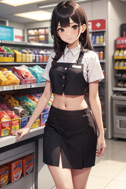 Cashier girl, crop top cashier uniform, showing navel,  convenience store, behind the cashier, 40 years old 