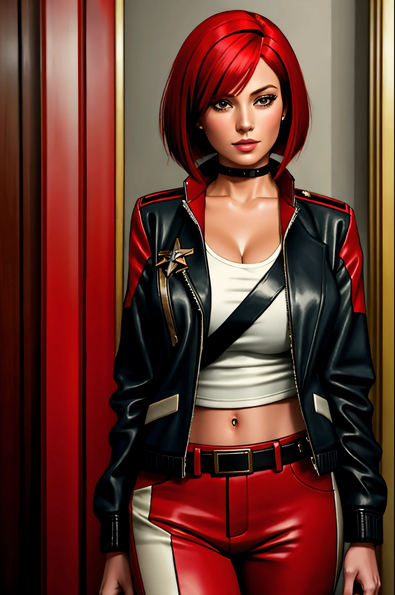 red bob cut, beautiful woman, starship captain, short jacket, cowboy shot, flirty, military bearing, standing, pirate