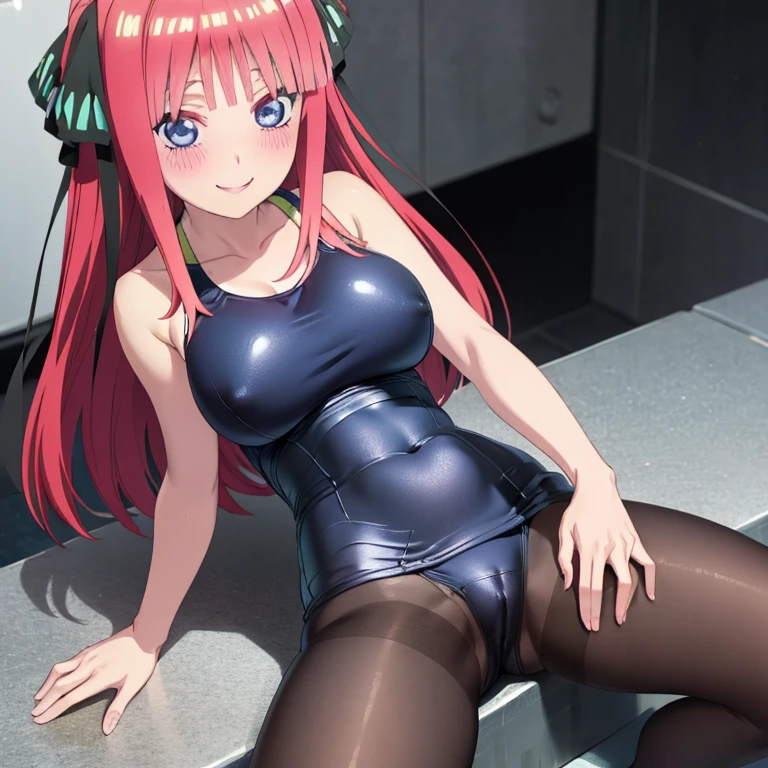 best quality, ultra-detailed masterpiece, anime art style, cute characters, nino nakano, one-piece swimsuit, large breasts, pantyhose, blush, smile, pussy focus