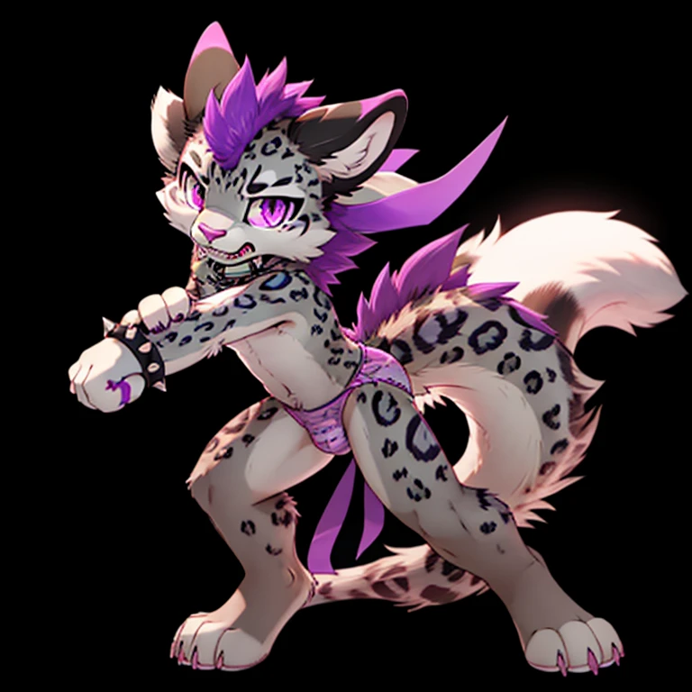 Anthropomorphic male snow leopard, with purple eyes, pink nose, 4 black ears, purple spikes on back, purple horns, with a red third eye, wearing panties, full body view, in a fighting pose, ready to fight, with an angry, black background, digital art, solo, different views, with spiked tail
