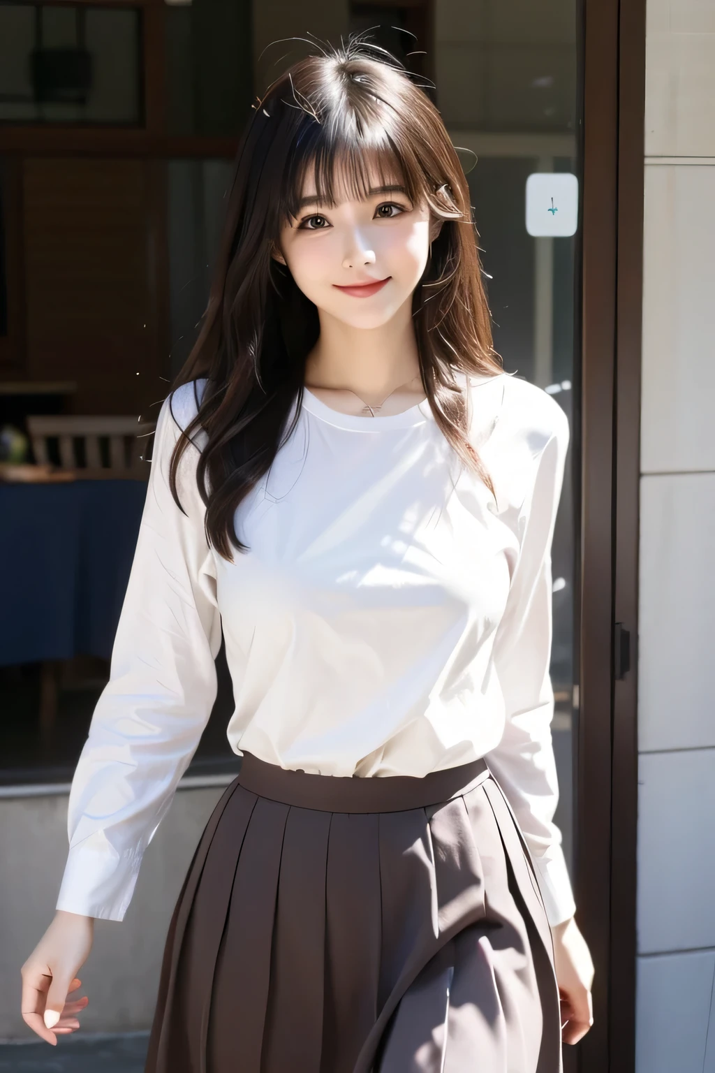 1girl in、AS-Adult、A smile、The shirt、skirt by the、(small tits)、Walking with a thigh、Upper body portrait、