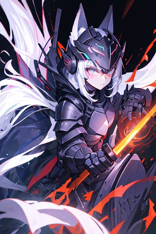 Fox woman in armor and helmet with technological black full face smooth mask with an energy katana, pelo morado