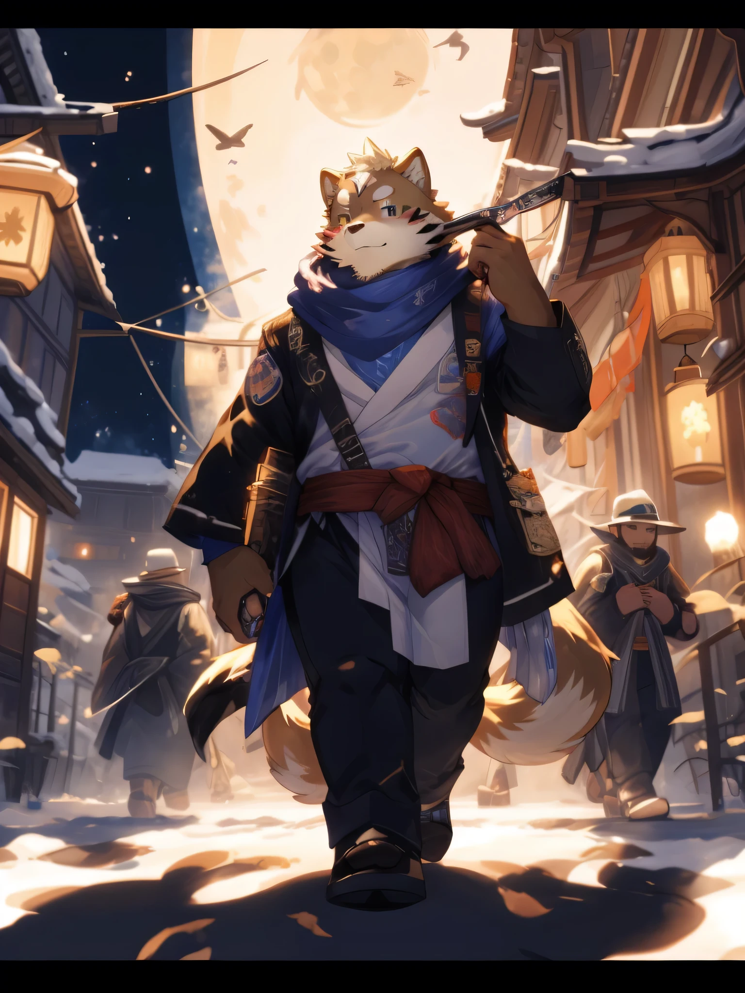 Anime character wearing a yukata and holding a lantern in the city, Furry anime, very very beautiful Furry art, Furry Fantasy Art, From the School of Mysterious Creatures, fursona wearing fashionable clothes, animal art, Moon themed clothing, Buizel and human integration, Furry art, pov Furry art, Furry art!!!, Firmware version, Inspired by Shiba Kōkan