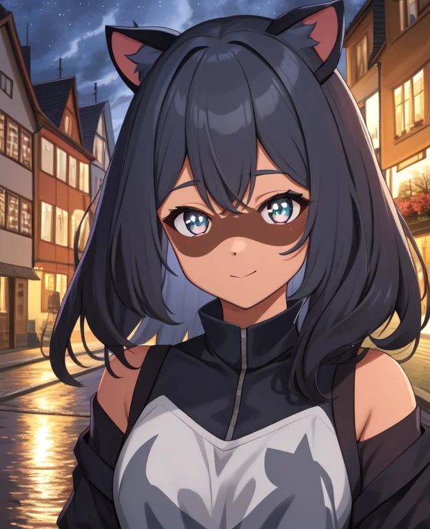 1 girl, Raccoon girl, Allein, pelzig,pelzig female, michiru_kagemori, Blaue Haare,kurzes Haar, mehrfarbige Augen, tierische Nase,dreieckige Nase, Tierohren, (Schwanz), (bushy Schwanz:0.7), zweifarbige Haut, brown colored hands, Meisterwerk, best quality, Happy, Betrachter betrachten, Stadt, regnet, Neonlichter, Wolken, Nacht, deSchwanzed eyes