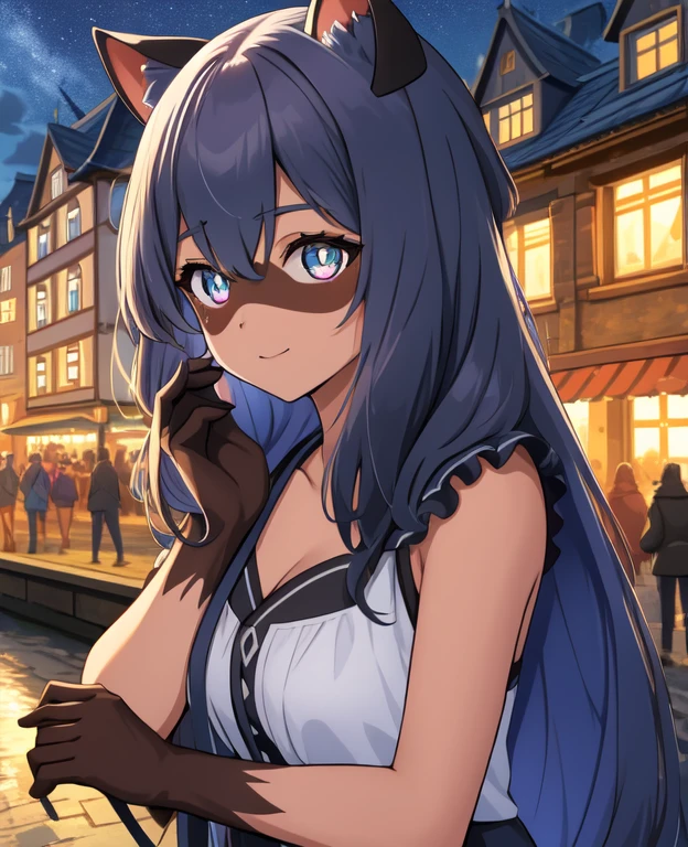 1 girl, Raccoon girl, Allein, pelzig,pelzig female, michiru_kagemori, Blaue Haare,kurzes Haar, mehrfarbige Augen, tierische Nase,dreieckige Nase, Tierohren, (Schwanz), (bushy Schwanz:0.7), zweifarbige Haut, brown colored hands, Meisterwerk, best quality, Happy, Betrachter betrachten, Stadt, regnet, Neonlichter, Wolken, Nacht, deSchwanzed eyes