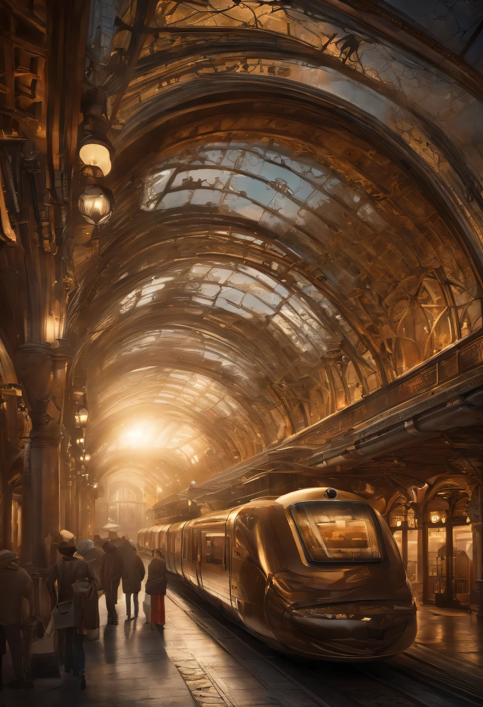 Aerial view Futuristic elevated train station, protected by a transparent dome, les gens marchent sur le trottoir, reflets d&#39;a realistic sunset, chef-d&#39;artwork, La meilleure qualité, extremely detailed, Fond d&#39;8k screen, Style de photographie futuriste