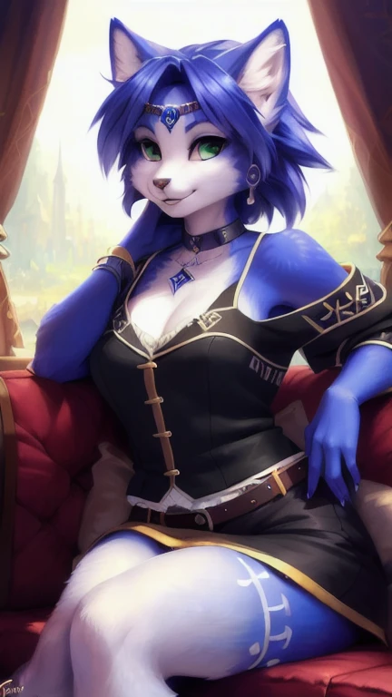 A beautiful and detailed (sweet portrait) von ((Krystal)), Sternenfuchs Krystal, Schlank, liebenswert, green eyes, medium breasts, (((Lange blaue Haare 1.3))), Dekollete, Grinsen, hoch schauen,, anthro, Pelzig, Hochgeladen E621, detailed flauschige fur, (von Fluff-Kevlar, Bayard Wu, personalami, Pino Daeni), detailliertes Gesicht, (flauschige), 1 girl, Allein, auf einem sofa sitzend, alltagskleidung, heller pullover 1.3,