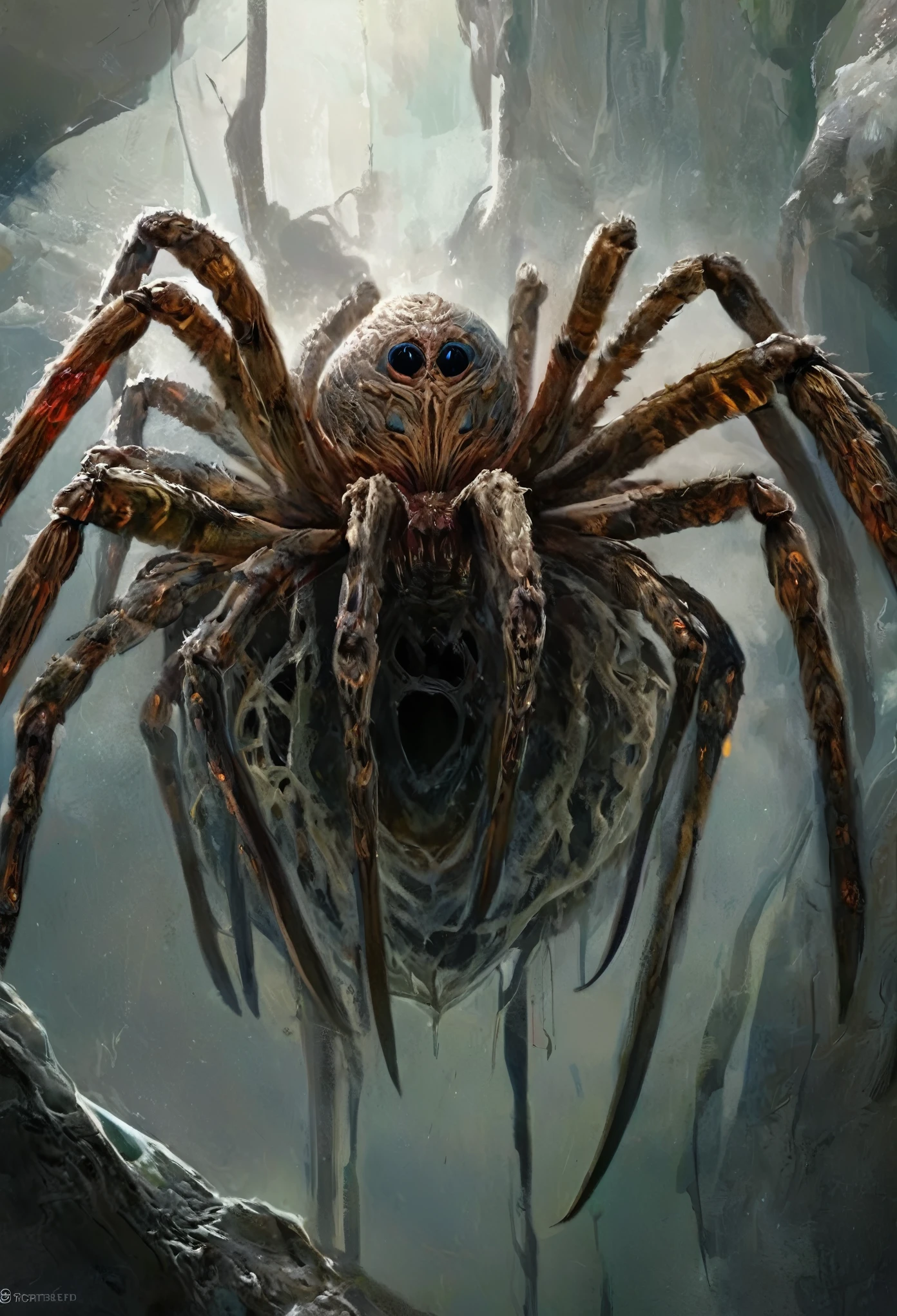 best quality,4k,8k,highres,masterpiece:1.2),ultra-detailed,realistic,photorealistic:1.37,this creature, a terrifying fusion of spider and human female with six arms, embodies a grotesque harmony of two distinct forms. Its upper body retains the unmistakable features of a woman, albeit distorted by the merging process. its eyes gleam with a sinister intelligence, more arachnid than human. (no hair, white skin:1.3),

From the torso sprout four additional limbs, elongated and jointed like a spider's, yet retaining a disturbingly human fleshiness. These arms are equipped with fingers that end in sharp, chitinous claws, capable of rending flesh with ease.

The lower body is a fusion of spider and human anatomy, with the abdomen stretching out behind like that of a monstrous arachnid. Jagged spines protrude from its exoskeleton, each one a reminder of its unnatural origins. The legs, a grotesque combination of human thighs and spider's hairy appendages, provide both agility and strength, enabling it to skitter across surfaces with alarming speed and grace.

In its presence, one cannot help but feel a primal fear, as if staring into the abyss where human and arachnid merge to create a nightmare incarnate.