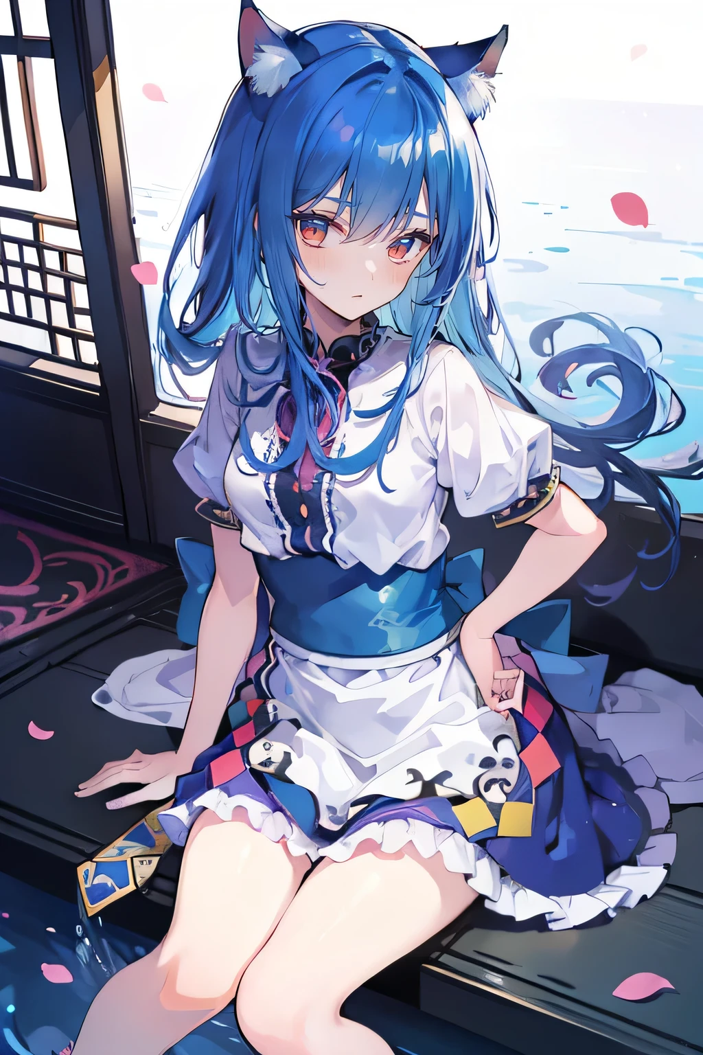 (masterpiece:1.2),ultra-detailed,realistic,expressive eyes,fair-skinned,perfectly shaped face,1girl,
Japanese cartoons,Gorgeous blue hair, flowing blue hair,floating clothes,cat ears,petals falling,beautiful Lola,Hina Angel,
hands on waist,gracefully sitting on the ground,legs crossed,gentle and serene background,cool and comfortable pavilion,night ,