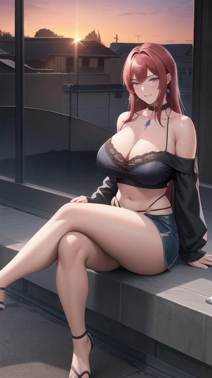 (high quality:1.2), masterpiece, ultra high quality, intricate detailed, digital art, TakashiroHiroko, 1girl, mature female, solo, hand on lips, crossed legs, seductive, tanned skin tone, full body shot, looking at viewer, smile, blush, purple eyes, long hair, red hair, long earrings, jewelry, velvet choker collar, lace off shoulder black crop top, blue denim micro mini skirt, flip flops, red eyeshadow, curvy, large breasts, cleavage, car wash , window, dark sky, sunlight, city, complex background, sunset, (Best quality, Ultra-detailed, Anime Pictures, Game CG, art cg, Photorealistic, Movie lighting, perfect shadow, realistic lighting shaded, Unity 8k wallpaper), Hiroko Takashiro, Perfect eyes, Perfect face, nose blush, detailed feet, view the viewer,Sexy pose, standing up,
