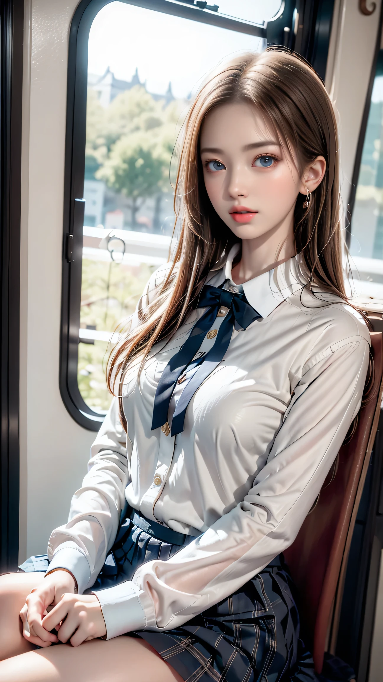 （Girl sitting on train seat)、Top quality work，Actual work，Ultra Premium Graphics，8K HD CG works，High quality graphics，High-definition CG works，10x pixels，Extremely fine detail：1.1，Advanced Technical Details：1.1 Photorealistic，Indoor lighting effects：1.5，Natural light：1.5. Light effects（virtual Light effects：1.8），長いSilver Hair，Silver Hair，Transparent Hair，Hair with attention to detail（Premium Hair Detail：1.1）Clear Eyes，Beautiful double eyelids，Sharp eye makeup, Delicate eyelash makeup, Thin eyebrows, Highly detailed eyes，High nose, Nice red lips, Rose Cheeks, A face with subtle makeup , Cute face, perfectly balanced face,（Advanced Face Detail：1.1），girl in school uniform，Foggy Room，Like a fairy in a painting，Slim sexy long legs，A beautiful face is beautiful and delicate，Like a finely carved piece of jade、The waves in my eyes are like twinkling stars，Show the light of patience and wisdom。The bridge of the nose is straight，Cherry lip color, her face is clear，Her skin is as white as jade，Gives a healthy glow，Her makeup is light and subtle.，Not too decorative，A light-toned foundation enhances the clarity of your skin.，Eye makeup: eyeshadow and eyeliner，Make her eyes brighter and more cheerful、Add a touch of glamour and sophistication，It&#39;s about to be blown away by the wind（white blazer emblem on chest）White blouse、Red bow tie，(Checked Skirt),(White panties are visible)、Swaying with her movements。Her hair is casually tied back，Fix with hosta，A few strands of hair are swaying gently in the wind，Add a little softness、Charmed everyone&#39;Note、Grace、mystery、full of power,(White panties are visible),(Lift-up skirt)
