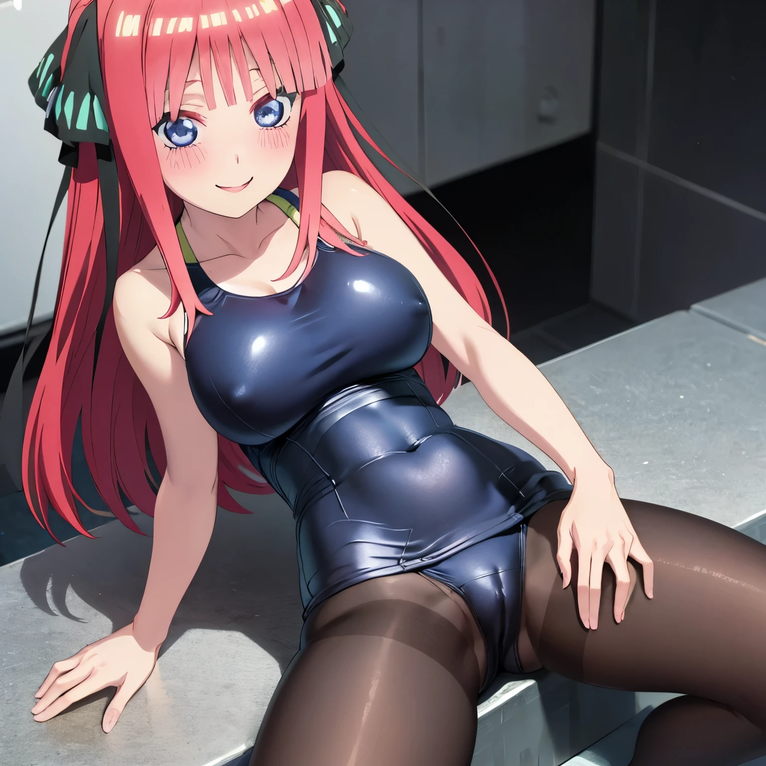 best quality, ultra-detailed masterpiece, anime art style, cute characters, nino nakano, one-piece swimsuit, large breasts, pantyhose, blush, smile, pussy focus