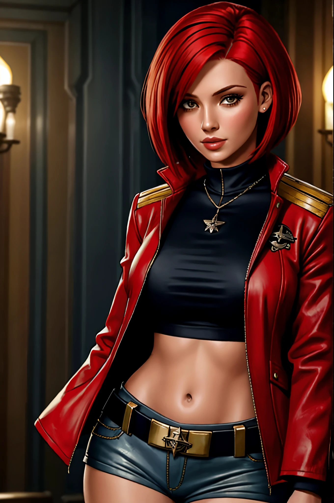 red bob cut, beautiful woman, starship captain, short jacket, cowboy shot, flirty, military bearing, standing, pirate