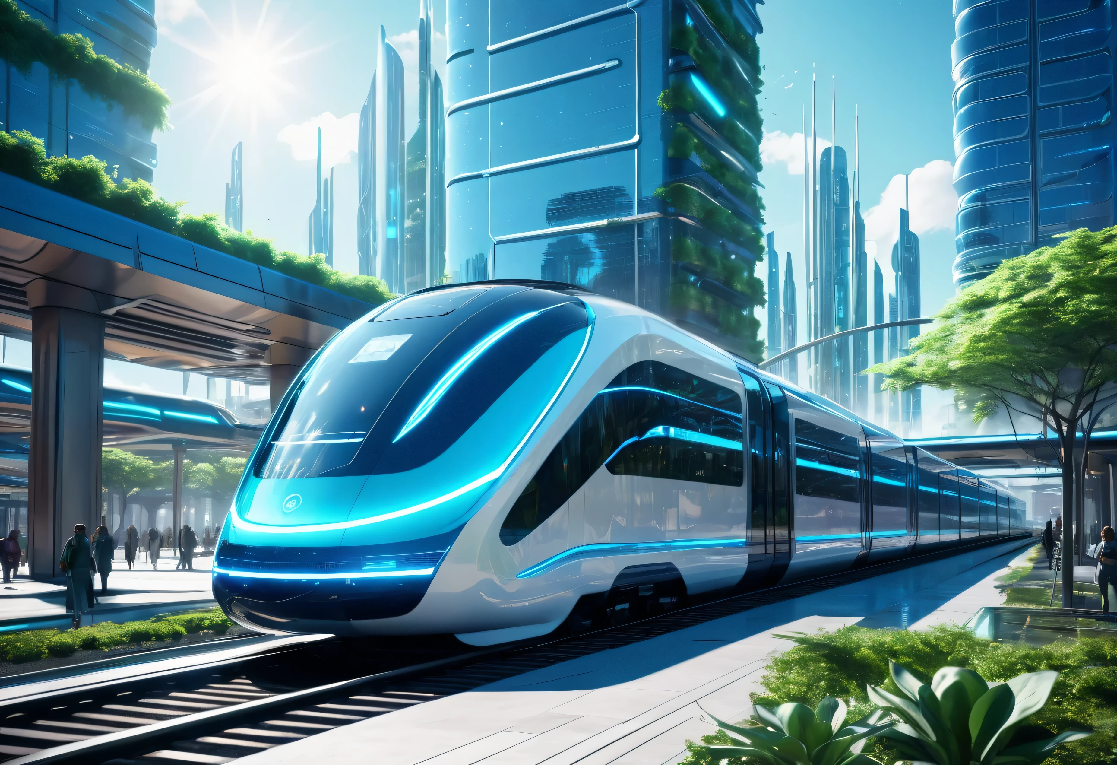Future, daylight, a futuristic crystal city square.Clean energy,Green environmental protection. A futuristic fast train with blue neon lights is floating above the ground.Fantasy and sci-fi city,8K resolution, cinematic. photorealistic