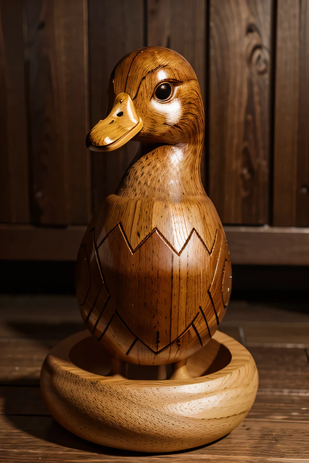 wooden_carving, wooden_toy, duck, varnished, intricate