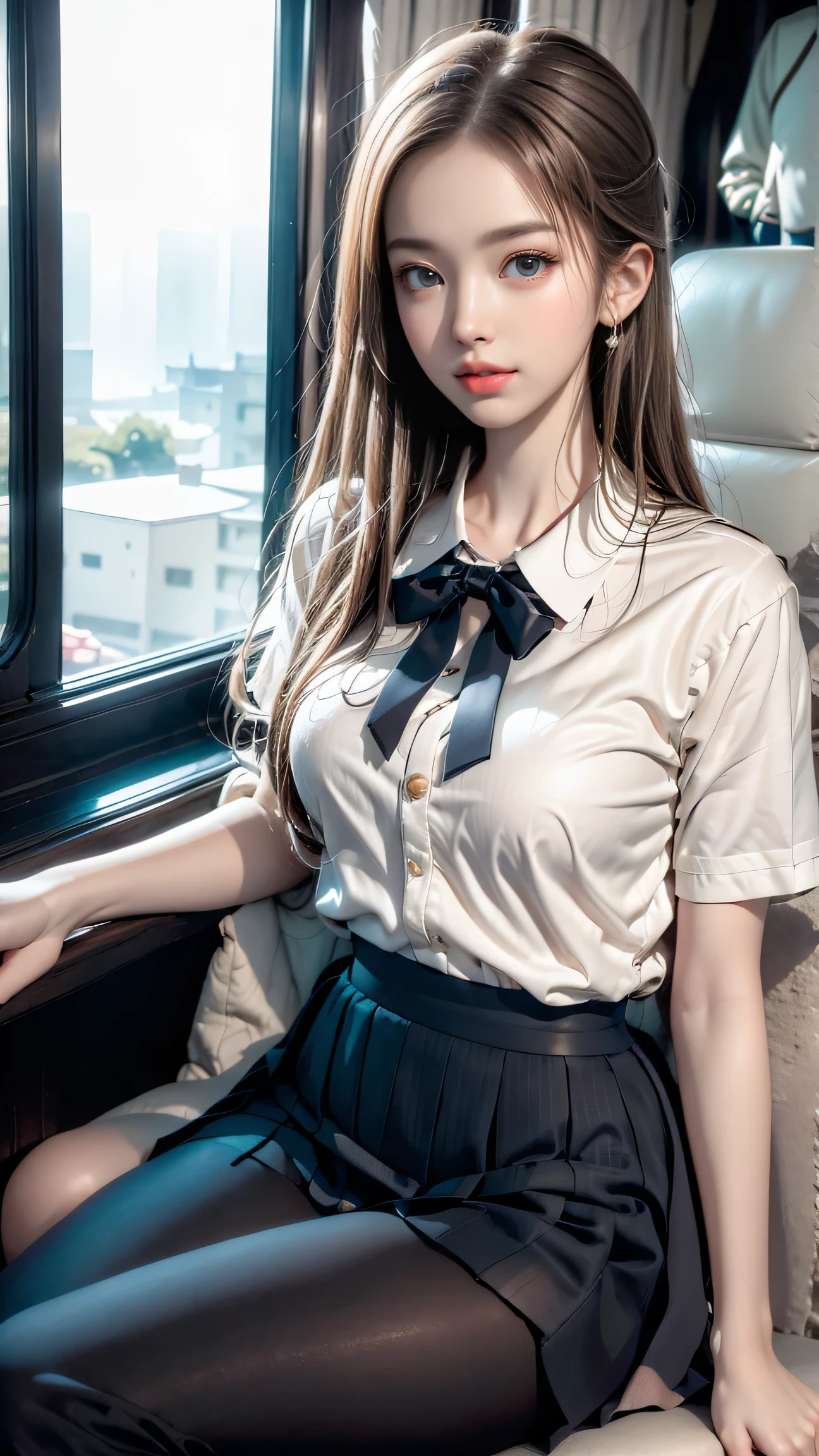 (Girl sitting on train seat)、Top quality work,Actual work,Ultra Premium Graphics,8K HD CG works,High quality graphics,High-definition CG works,10x pixels,Extremely fine detail:1.1,Advanced Technical Details:1.1 Photorealistic,Indoor lighting effects:1.5,Natural light:1.5. Light effects(virtual Light effects:1.8),長いSilver Hair,Silver Hair,Transparent Hair,Hair with attention to detail(Premium Hair Detail:1.1)Clear Eyes,Beautiful double eyelids,Sharp eye makeup, Delicate eyelash makeup, Thin eyebrows, Highly detailed eyes,High nose, Nice red lips, Rose Cheeks, A face with subtle makeup , Cute face, perfectly balanced face,(Advanced Face Detail:1.1),girl in school uniform,Foggy Room,Like a fairy in a painting,Slim sexy long legs,A beautiful face is beautiful and delicate,Like a finely carved piece of jade、The waves in my eyes are like twinkling stars,Show the light of patience and wisdom。The bridge of the nose is straight,Cherry lip color, her face is clear,Her skin is as white as jade,Gives a healthy glow,Her makeup is light and subtle.,Not too decorative,A light-toned foundation enhances the clarity of your skin.,Eye makeup: eyeshadow and eyeliner,Make her eyes brighter and more cheerful、Add a touch of glamour and sophistication,It's about to be blown away by the wind(white blazer emblem on chest)White blouse、Red bow tie,(Checked Skirt),(White panties are visible)、Swaying with her movements。Her hair is casually tied back,Fix with hosta,A few strands of hair are swaying gently in the wind,Add a little softness、Charmed everyone'Note、Grace、mystery、full of power,(White panties are visible),(Lift-up skirt)
