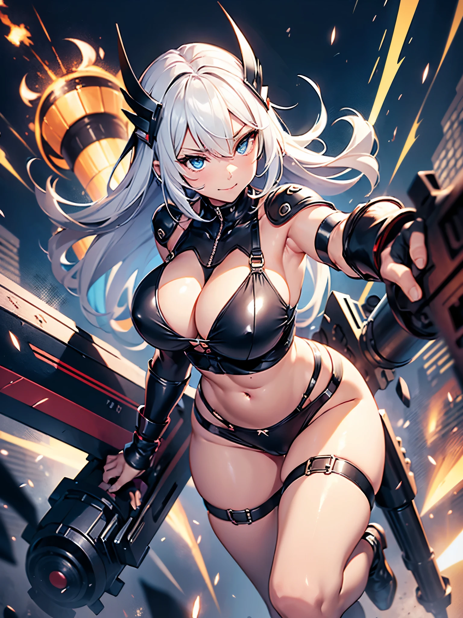 ((1 lady))、((Combative posing:1.5)), ((fighting stance:1.2))、((dynamism:1.3))、((dynamic angle:1.2))、((Hover effect:1.4))、from above、ultra-detailliert, Top image quality, digitial illustration, Seductive Anime Girl, Glossy realistic skin texture、Meticulously drawn hair, Meticulously drawn eye, Sharp Focus, Precise human body structure、Smooth texture、((Holding a big Heavy artillery:1.4, armament:1.3))、((bazooka and gatling gun and rocket launcher))、((Being in battle field:1.2))、((seductive smile))、((latex micro bikini:1.3 crop top:1.3))、((sleeveless))、((collarless))、((cleavage:1.3))、((crop top navel))、((highleg:1.3))、((huge breasts:1.4))、((huge hip:1.3))、((thick thighs))、curvy、((collarbone))、((cameltoe))、full body