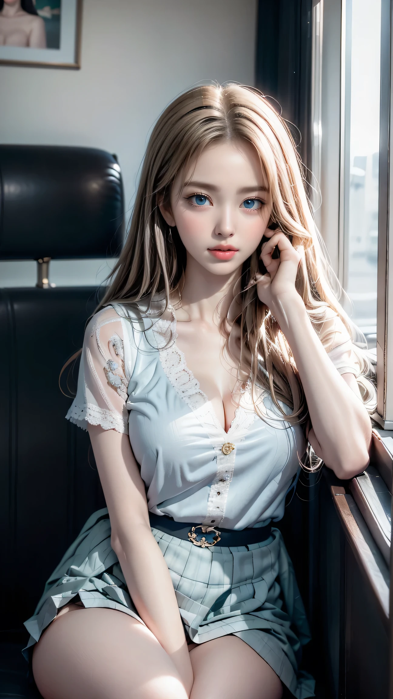 8K、Photo image masterpiece、highest quality、Super-resolution、Low angle view from the feet、A woman being molested、Voyeur、Beautiful woman with golden, messy curly hair、((Blonde beauty))、With bangs、Impossibly cute face、And slim、Small breasts、High resolution、masterpiece、Exquisite Function 、Delicate eyes、Delicate blonde hair、8K quality、Pale light and shadow、Dindal effect、Messy, tousled blonde hair、With bangs、Random Hairstyles、((A photo from the delicate feet)、(Detailed RAW Photos of Girls)、(Tabletop:1.25)、 (Highest quality:1.6)、(超High resolution:1.5)、(Real:1.75)、8K resolution、 (RAW Photos:1.2)、(Realistic:1.4)、Beautiful detailed woman、Very narrow waist、Very detailed eyes and face、Beautiful fine details、（She is looking at the window）、Ridiculous、Large file size、Very detailed、High resolution、highest quality、masterpiece、((A light white summer blouse and a white skirt))、Very detailed、CG、Unified、8k wallpaper、wonderful、The finer detailasterpiece、highest quality、 Light on the face、sunglasses、Cinema Lighting、One 23 year old woman、((Inside a crowded train、Strong wind from the window in the car、A woman sitting directly in front of you with her legs closed、The legs are completely closed、Anxious expression))、((Men on both sides、The pervert on the right touches her thighs.、The perverted man on the left is touching her breasts.))、Wearing high heels、White Stockings、garter belt、Lighting from below、The inside of the skirt is also clearly visible.、Liked images、Voyeur: T-back panties of random colors and shapes peeking out from under a skirt、