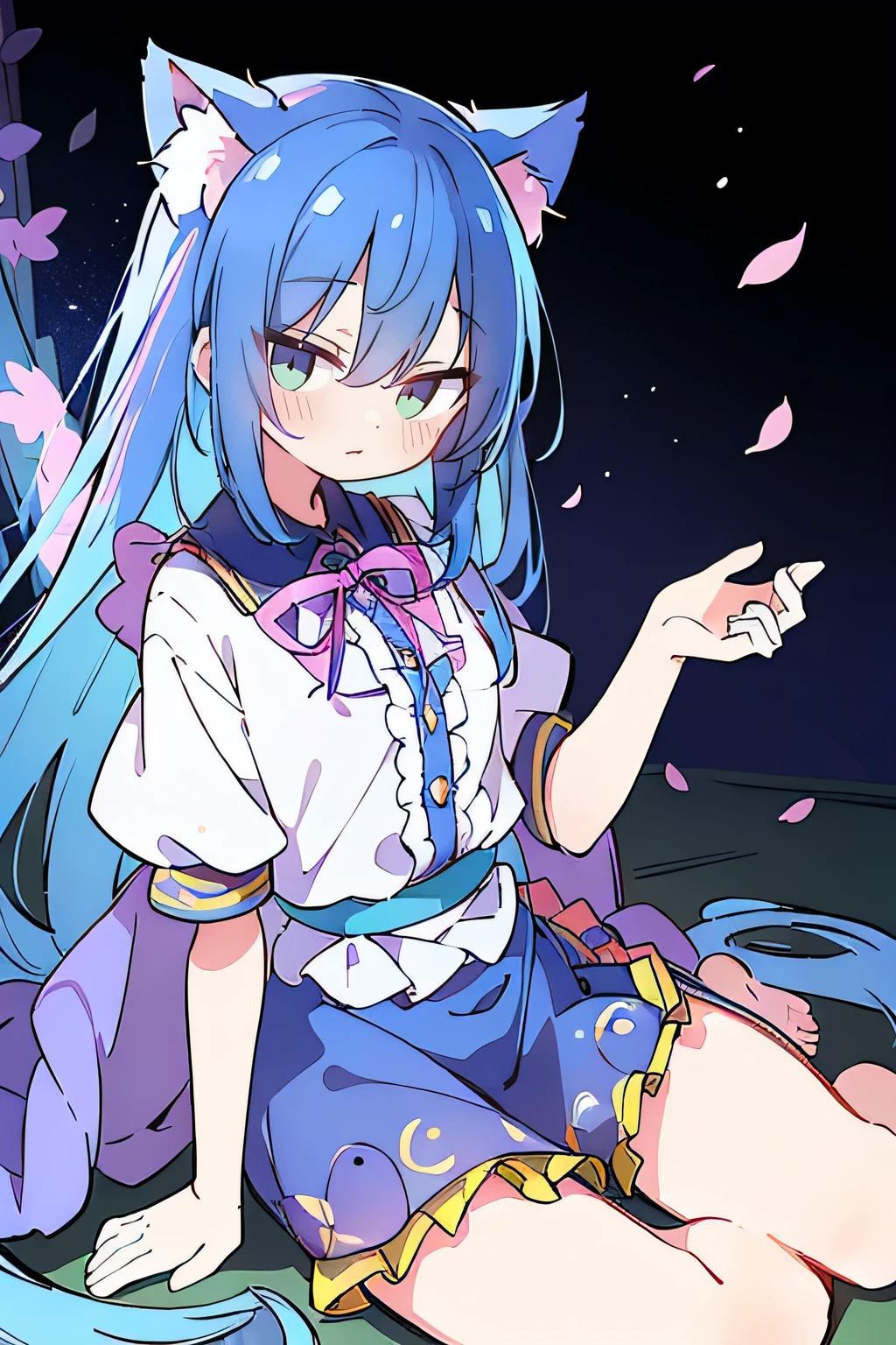 (masterpiece:1.2),ultra-detailed,realistic,expressive eyes,fair-skinned,perfectly shaped face,1girl,
Japanese cartoons,Gorgeous blue hair, flowing blue hair,floating clothes,cat ears,petals falling,beautiful Lola,Hina Angel,
hands on waist,gracefully sitting on the ground,legs crossed,gentle and serene background,cool and comfortable pavilion,night ,